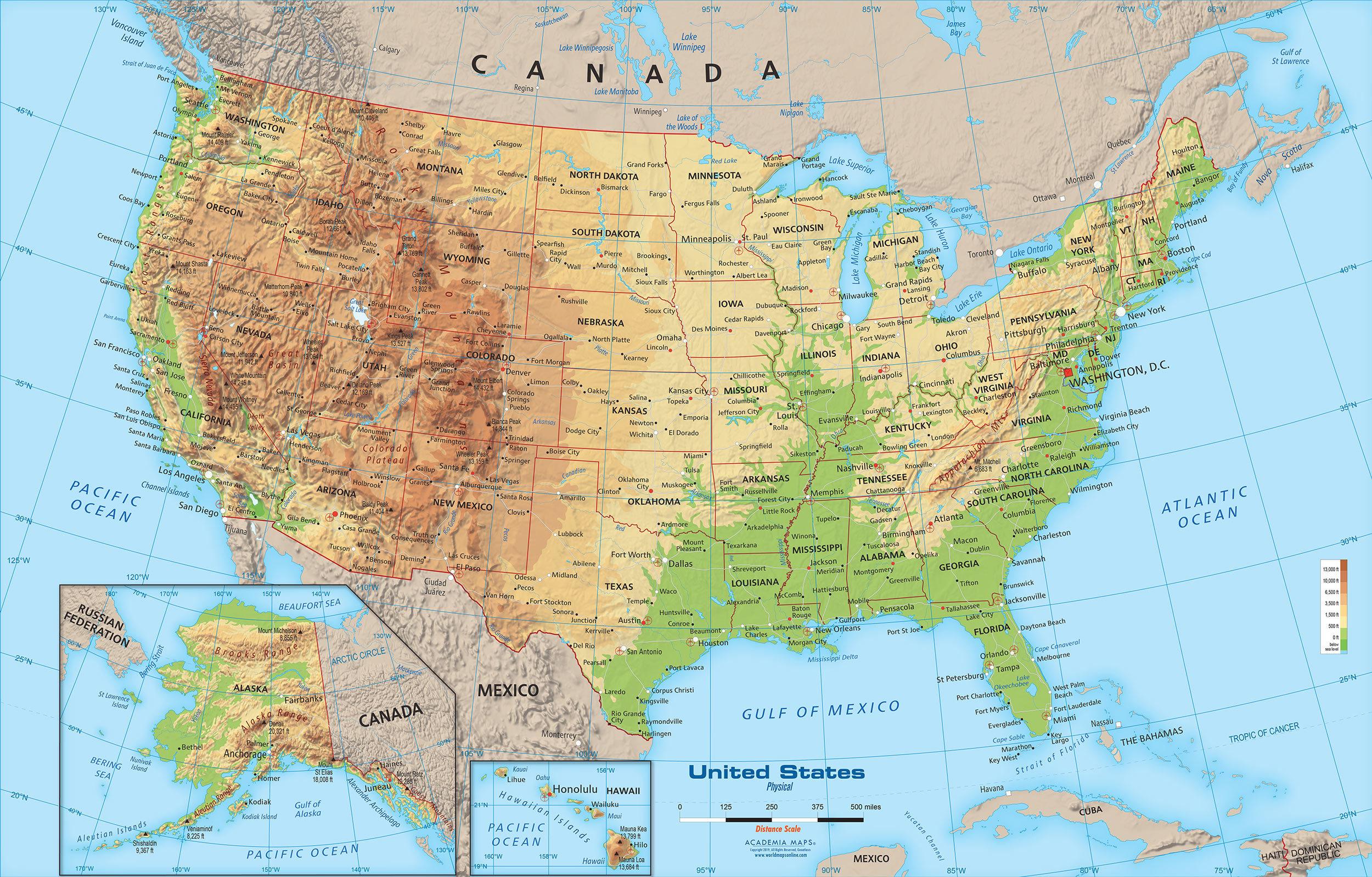 Geographical map of USA: topography and physical features of USA