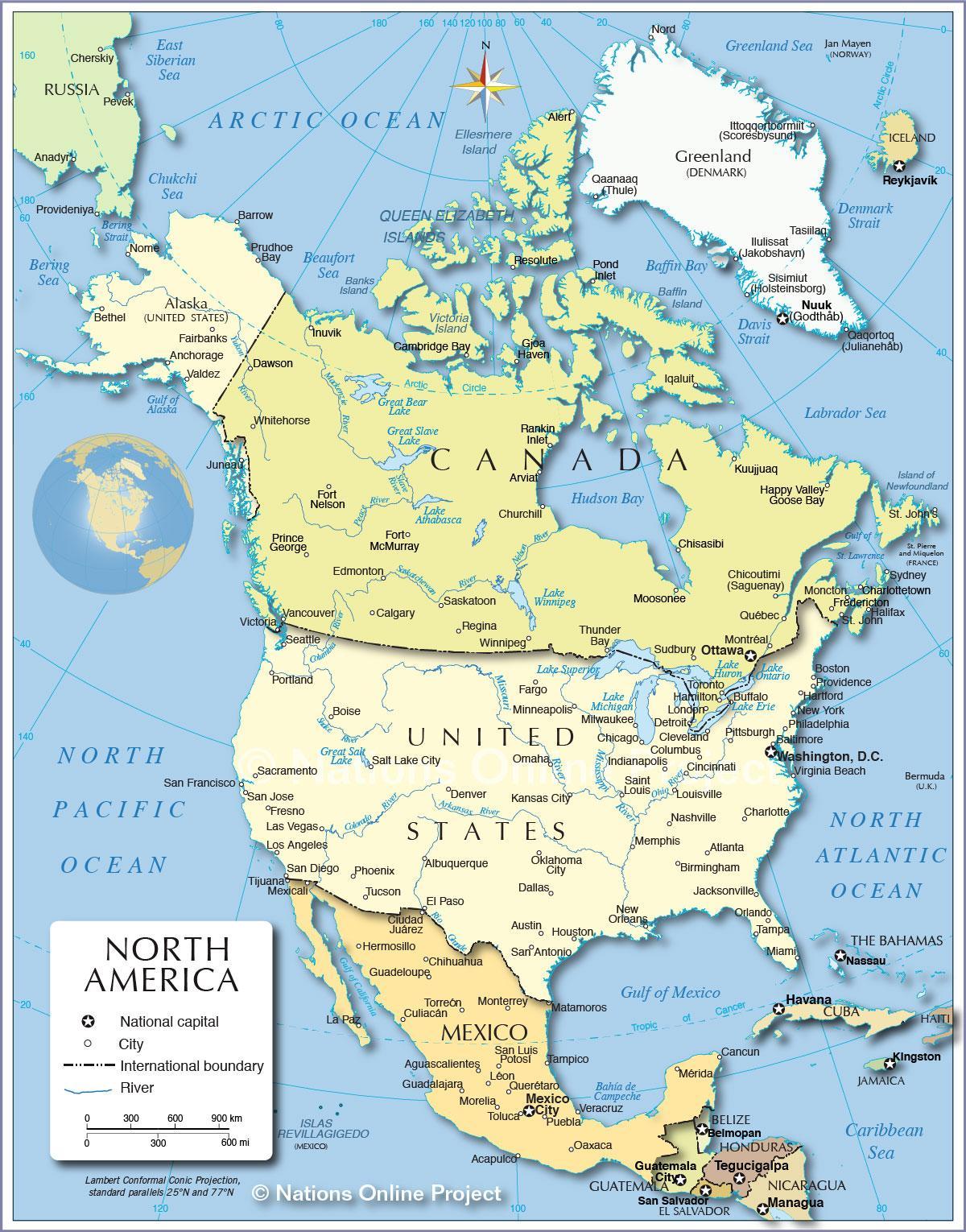 Map of USA and bordering countries